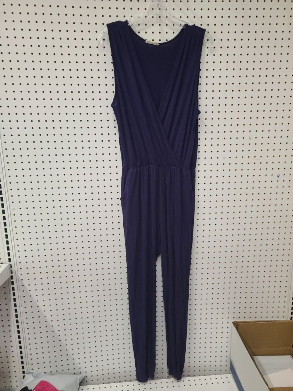 Ee:Some Womens Navy Sleeveless Wrap-Front Jumpsuit Size L Rayon/Spandex Blend Ma